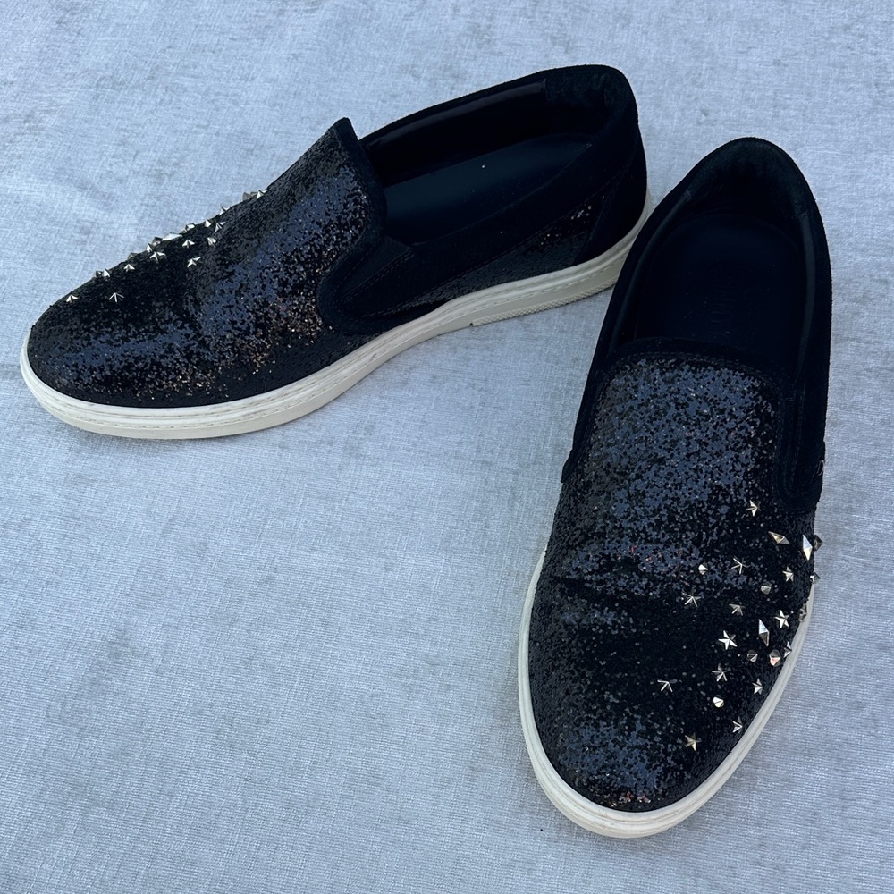 Jimmy Choo Black Glitter Loafers with Silver Studs Size 13